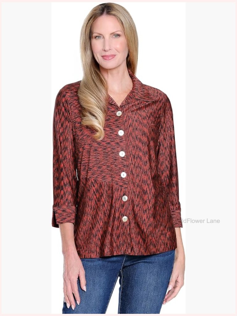 Knit Button Front Blouse 3/4 Sleeve Collared Neck Woven Top Women's Blouse